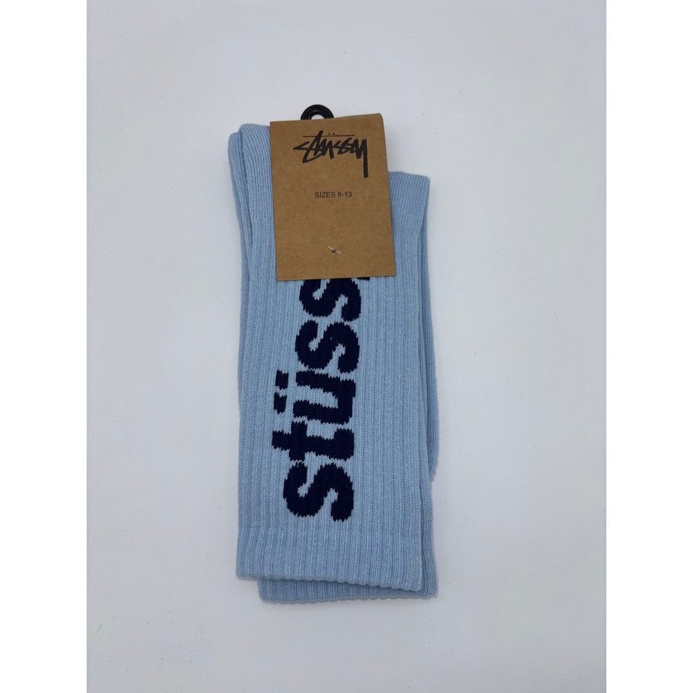 Stussy Stock Crew Socks Light Blue Navy Logo Ribbed Knit Mens Size 8-13 138775